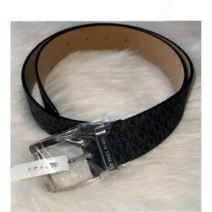 MICHAEL KORS Womens Belt Black w/ Printed MK Logo Silver Buckle LARGE NWT